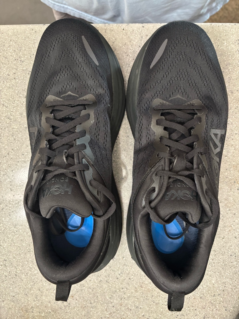 Hoka One One Bondi 8 Black Athletic Running Shoes with Blue Insoles